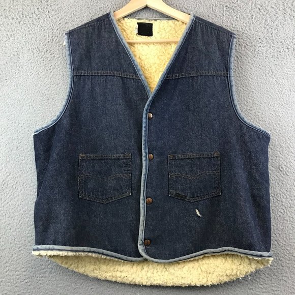 Vintage Sears Roebucks Western Vest Mens XL Sherpa Lined Denim Snap Button - Picture 1 of 8